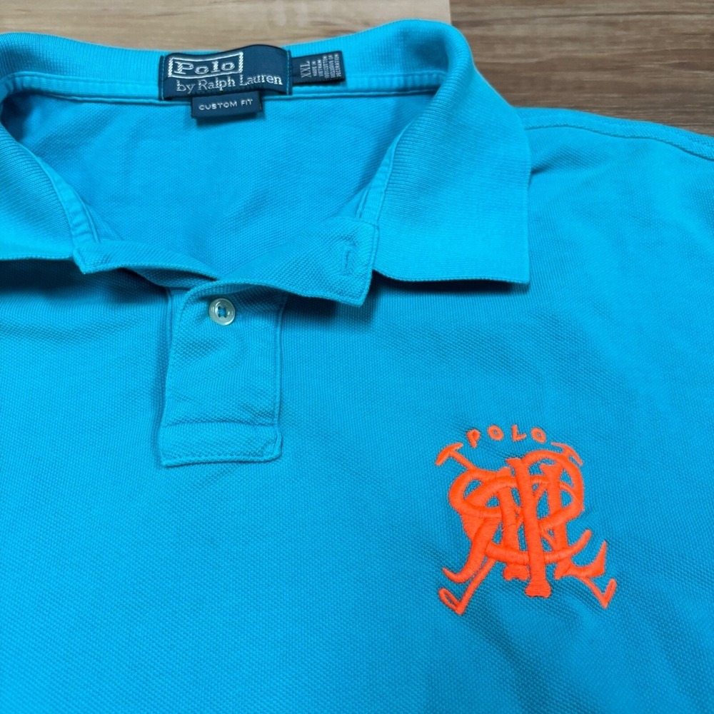 Polo Ralph Lauren Polo Shirt Men XXL Custom Fit Cotton Blue Orange Crest Heritag